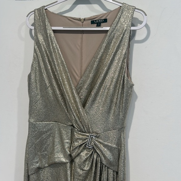 Ralph Lauren gold metallic Silver faux wrap Ruched Maxi gown plus size 14 - Picture 4 of 6